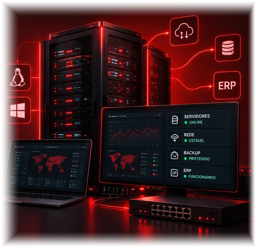 Servidores, rede, backup e ERP monitorados pela Masterbit: painel mostrando servidores online, rede estável, backup protegido e ERP funcionando